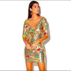 NWT Lulus Let It Shine Gold Floral Embroidered Sequin Bodycon Mini Dress